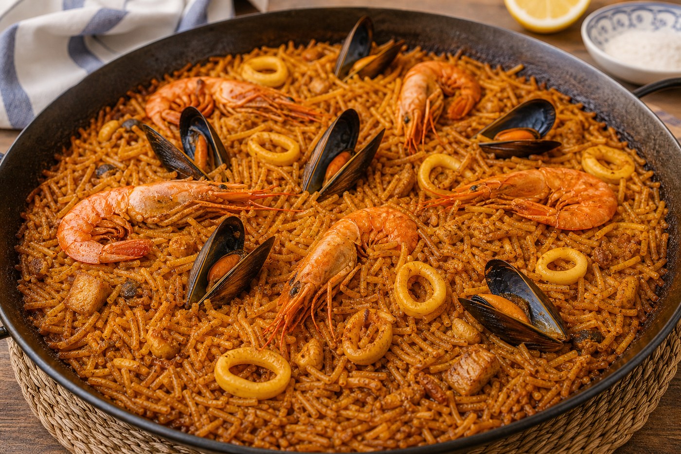 Fideuà de marisco en paellero