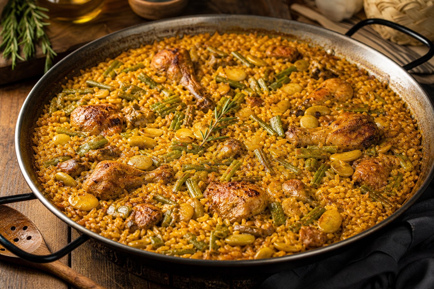 Paella valenciana en paellero sobre fuego de leña