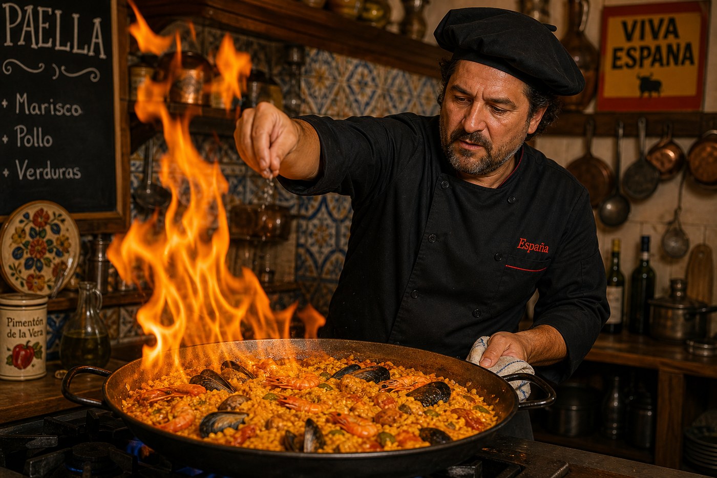 Chef preparando paella en la cocina