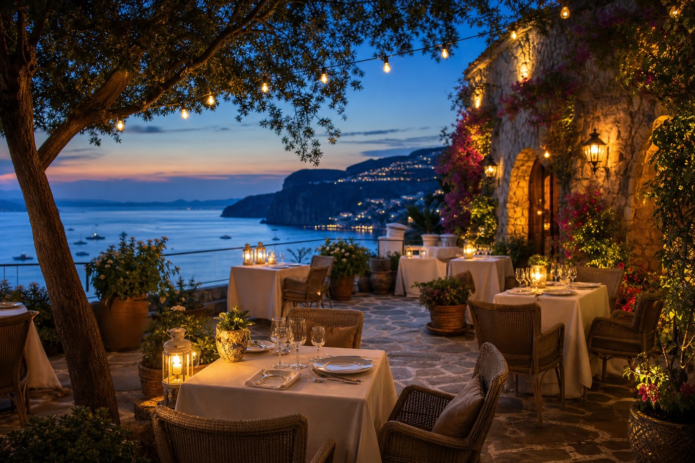 Cena en la terraza al atardecer